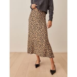 Reformation Bea Brown Silk Satin Leopard Print Midi Straight Pencil Slip Skirt 0